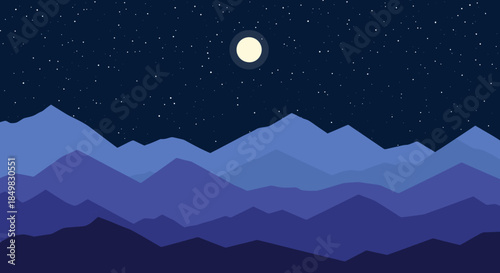 Enchanting Nightscape: Layered Mountain Silhouette Under Starry Sky and Full Moon