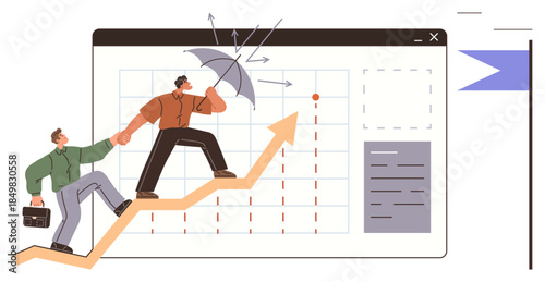 Business professional shielding colleague with an umbrella atop an upward arrow. Ideal for teamwork, leadership, growth, protection, risk management, goals, financial success. Simple flat metaphor