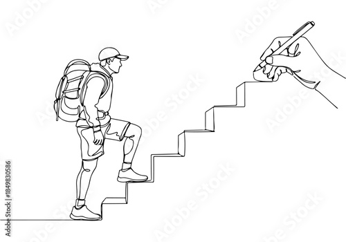 Continuous line drawing of a hiker climbing stairs, symbolizing progress and personal development in an artistic sketch style