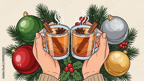 Warm Holiday Cheer, Spiced Cider in Winter Wonderland Scene with Christmas Ornaments and Pine