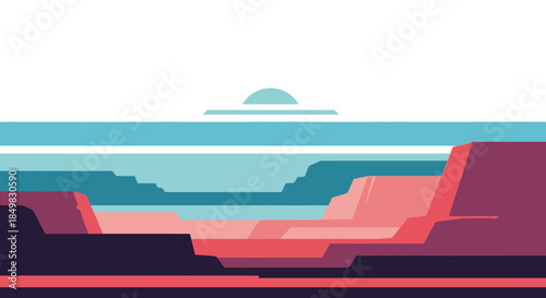 Minimalist landscape illustration depicting a desert canyon scene with a rising sun design