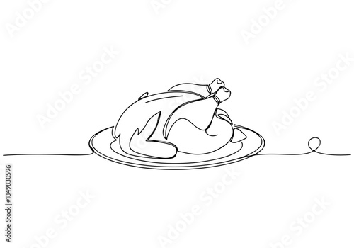 A continuous line drawing of a whole roasted chicken presented on a plate, showcasing a minimalist artistic approach to food illustration
