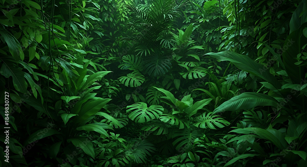 Obraz premium Lush green foliage creates a dense and vibrant jungle scene, with various tropical plants and leaves overlapping to form a rich, natural tapestry, evoking a sense of tranquility and immersion in natur