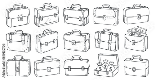 A collection of briefcases and bags in clean outline vector style, ideal for business and finance-related projects