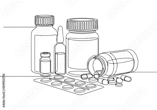 Continuous line drawing of various pharmaceutical products, including bottles, vials, ampoules, and blister packs with pills