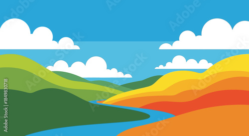 Colorful landscape illustration with rolling hills, river, blue sky and fluffy clouds