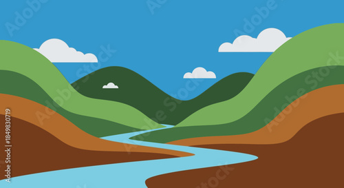 Stylized vector illustration depicting a serene landscape with hills and flowing river