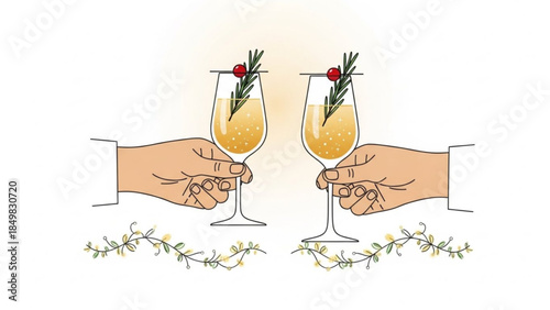 Festive Hands Holding Sparkling Cocktails with Rosemary and Cranberry, Cheers to Holiday Season Celebration