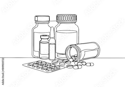 Continuous line drawing of various medicine containers, pills, and ampules, symbolizing healthcare and medical treatment