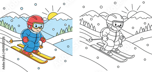 Cute Cartoon Skier Descending Mountain Slope - Winter Sports Coloring Page