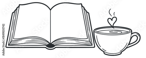 An open book next to a steaming cup of coffee in minimalist black and white vector style, perfect for educational and lifestyle themes