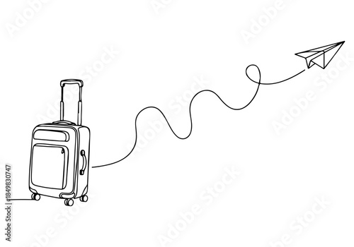 Continuous Line Drawing of a Rolling Suitcase with a Paper Airplane Trail A Minimalist Concept for Travel and Adventure