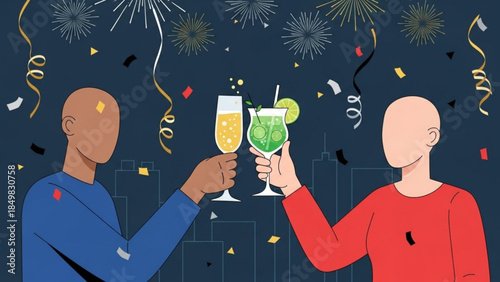 New Year Celebration, Friends Toasting with Champagne and Cocktails at Nightclub Party