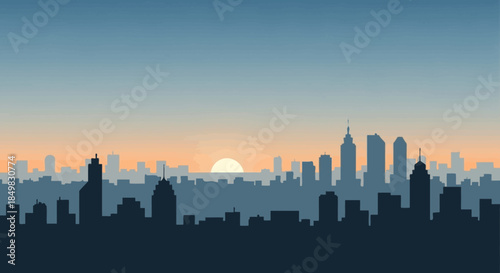 Cityscape silhouette at sunset with warm hues and a serene urban landscape illustration