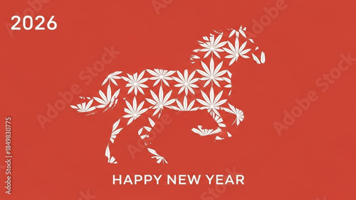 Vibrant Red New Year Card with White Horse Design and Floral Pattern for 2026 Celebration