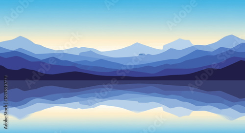 Serene blue layered mountains reflected in tranquil lake landscape illustration