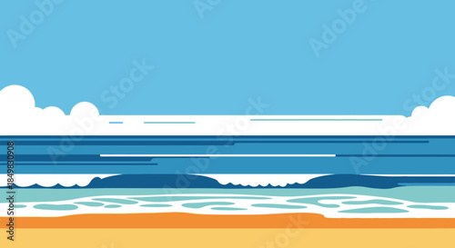 Minimalist Beach Landscape Illustration with Waves, Sand, and Sky, showcasing vector art style,