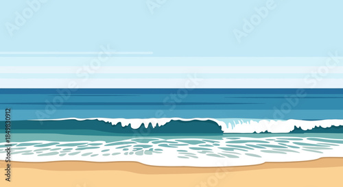 Vector illustration of a calm ocean wave on a sandy beach under a blue sky serene seascape showing