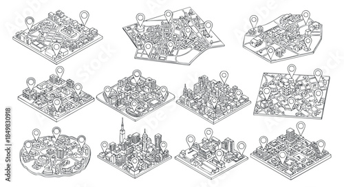 A set of ten city map illustrations in black and white outline vector style, ideal for urban planning and design projects
