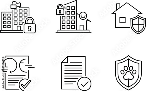 Property insurance and document approval icon set featuring building security, home protection, verified paperwork and pet coverage outline vectors