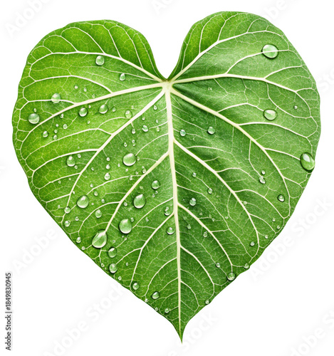 there are droplets of water on a fresh heart leaf