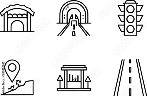 Navigation and road infrastructure icon set featuring tunnel, traffic light, highway, location pin, landmark and transport outline vector symbols