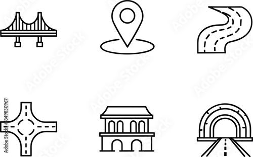Navigation and road infrastructure icon set featuring bridge, location pin, routes, intersections, landmarks and tunnel outline vector symbols