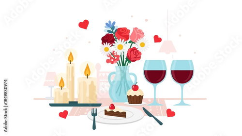 Romantic Dinner Setup with Flowers and Wine.