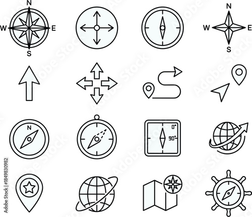 Navigation and map icon set with compass, direction arrows, location pins, travel symbols, minimalist line vector design collection illustration