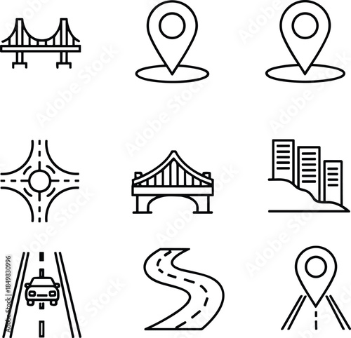 Navigation and map icon set featuring bridges, roads, location pins, city landmarks, routes and transportation outline vector symbols