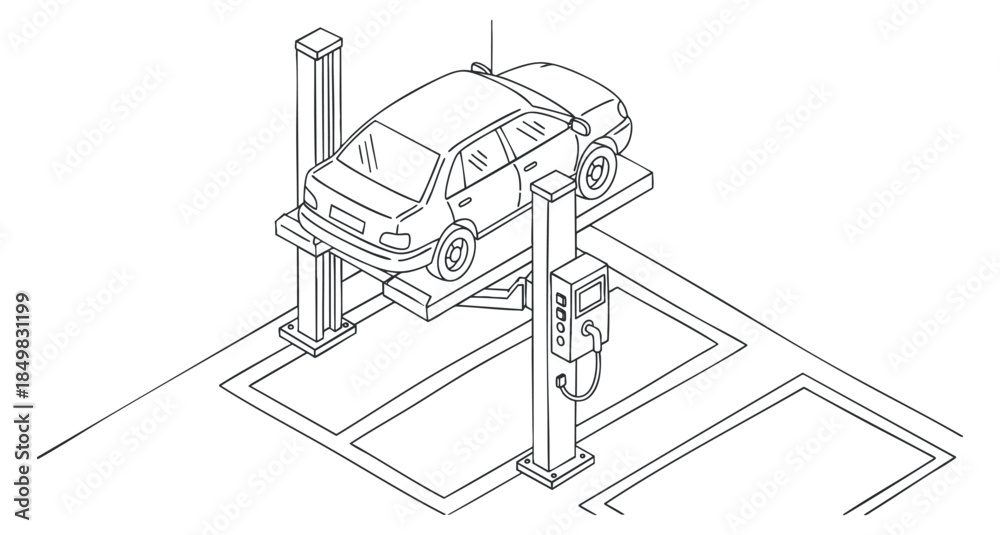 Obraz premium A car lift in a modern outline vector style, ideal for automotive service and repair applications