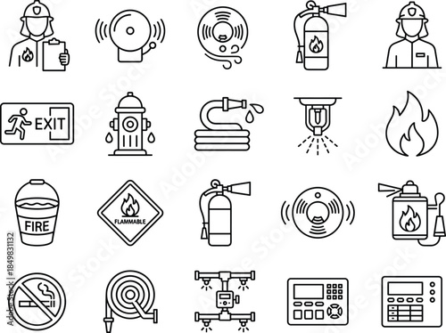 Fire safety and emergency icon set featuring alarms, extinguishers, firefighters, evacuation signs, sprinkler systems and hazard outline vectors