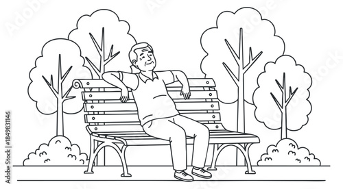 A man sitting on a park bench surrounded by trees in a simple line art vector style, ideal for lifestyle and wellness designs