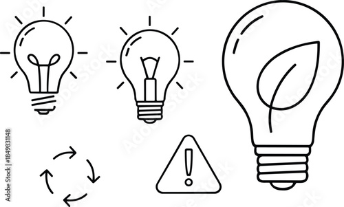 Eco energy and idea icon set featuring light bulbs, recycling arrows, warning symbol and sustainable innovation outline vector collection