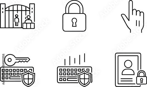 Cyber security and data protection icon set featuring password safety, access control, encryption, authentication and digital privacy outline vectors