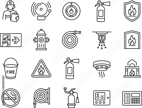Fire safety and protection icon set with alarms, extinguishers, hydrants, evacuation signs and emergency systems outline vector collection