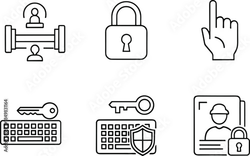 Cyber security and access control icon set featuring secure login, password protection, authentication keys and digital identity outline vectors