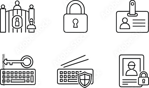 Cyber security and access control icon set featuring password protection, secure login, authentication keys and identity verification outline vectors
