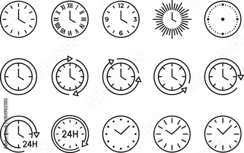 Clock and time icon set featuring analog clocks, countdown timers, 24 hour symbols, schedule and time management outline vectors