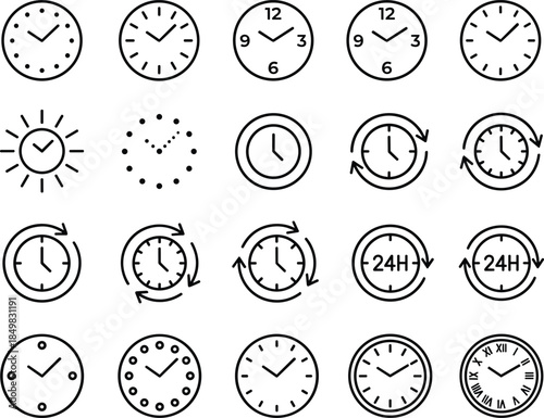 Clock and time management icon set featuring analog clocks, countdown timers, 24 hour symbols and scheduling outline vector collection