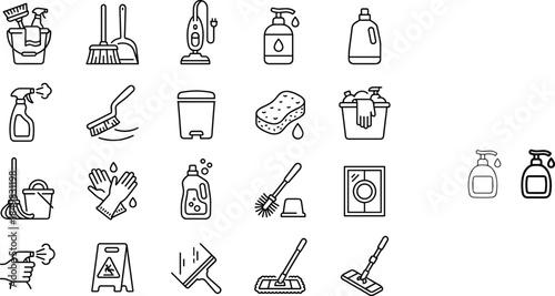 Cleaning and housekeeping icon set featuring cleaning tools, detergents, laundry care, sanitation equipment and household hygiene outline vectors