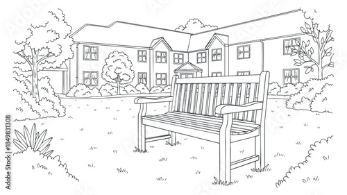 A garden bench in a serene outdoor park setting with trees and buildings in a minimalist line art style, suitable for landscaping projects