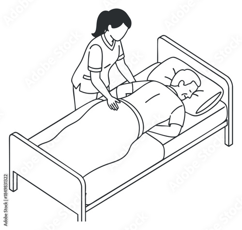 A healthcare worker assisting a patient in a hospital bed in outline vector style, suitable for medical illustrations and healthcare materials