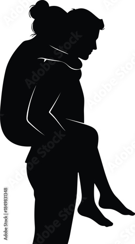 Black silhouette of a romantic man giving a woman a piggyback ride representing love partnership happiness and youthful couple relationship concepts