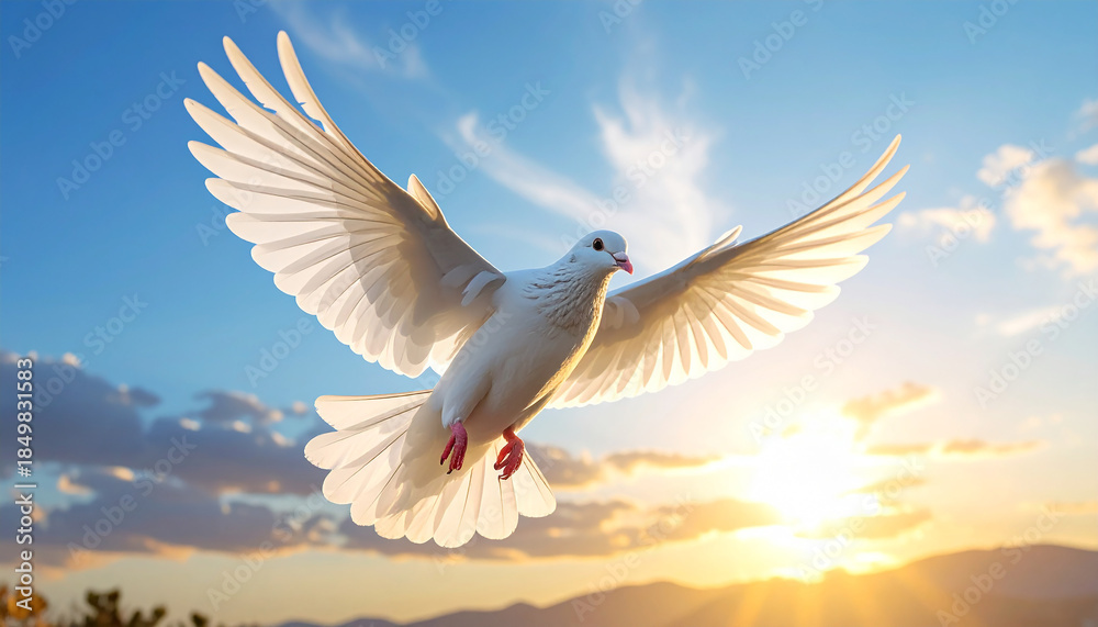 Obraz premium Dove in Flight at Sunset: A pure white dove soars gracefully against the stunning canvas of a sunset sky, symbolizing hope and peace in a breathtaking scene.