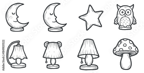 A collection of hand-drawn lamps featuring a moon, star, owl, bear, and mushroom in playful outline style, perfect for children's room decor