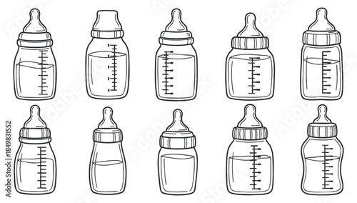 A collection of baby bottles in outline vector style, ideal for parenting and childcare themes
