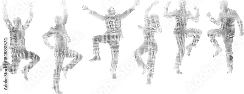 Set of halftone dotted silhouettes of people jumping and dancing for celebration joy success party and energetic crowd motion design concepts