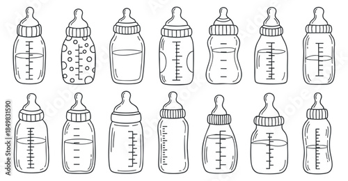 A collection of various baby bottles in outline vector style, perfect for parenting and childcare designs
