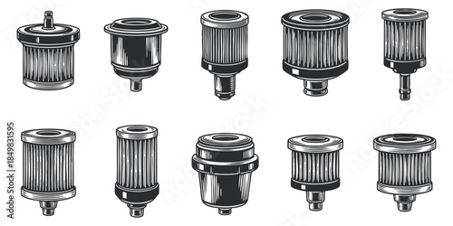 A collection of various automotive oil filters in black and white sketch style, suitable for automotive design and mechanics branding
